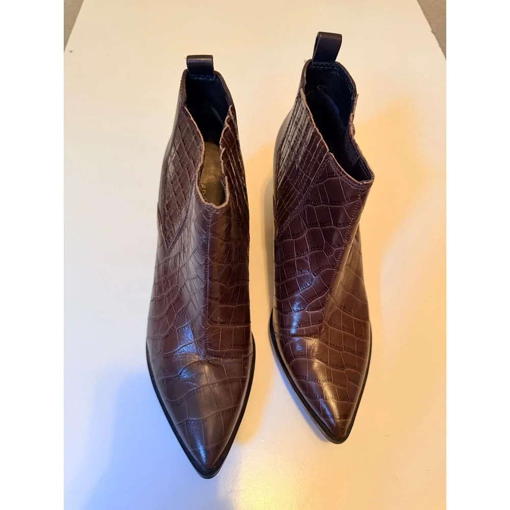 Marc Fisher Ankle Boots Size 8.5 Brown Yale Croc Embossed Leather Block Heel